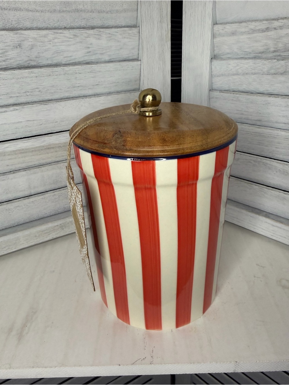Hand Painted Striped Ceramic Canister w/ Wood Lid Made in India Red Cream 7"